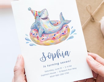 Sjabloon canvas verjaardagsuitnodiging haai | Bewerkbare donutuitnodiging kinderzwembadfeest | Digitale zomerfeestuitnodiging aquarel