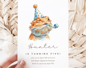 Bearded Dragon Birthday Invitation Canva Template, Reptile Party Invite, Watercolor Pet Lizard Party, Editable Digital Download