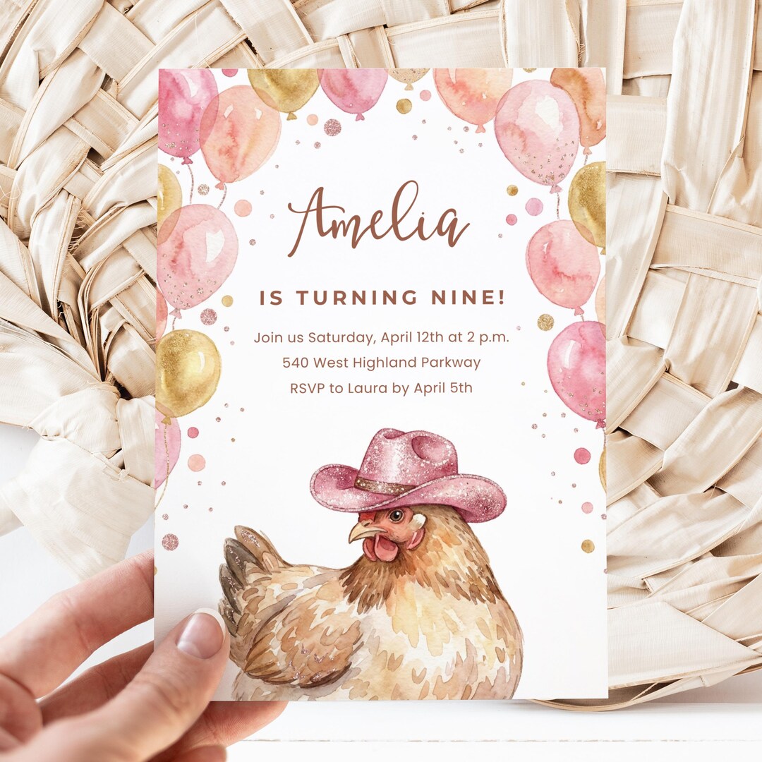 Chicken Birthday Canva Invite, Pink Balloons, Farm Girl Party Template ...