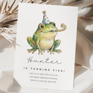 May include: A birthday invitation with a watercolour illustration of a green frog wearing a party hat and blowing a party horn. The invitation reads "Hunter is turning five!" with event details below.