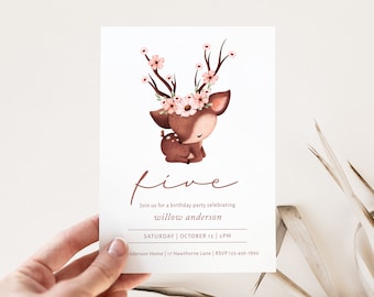 Woodland Deer Birthday Invitation Template, Printable Invite, CORJL Template, Pink Floral Fawn Invite, Forest Boho 5th Birthday, FIVE PD55