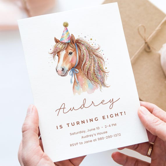 Girls Horse Birthday Canva Invite Template, Editable Magical Pony Party Invitation, Whimsical Glitter Unicorn Theme Digital Download