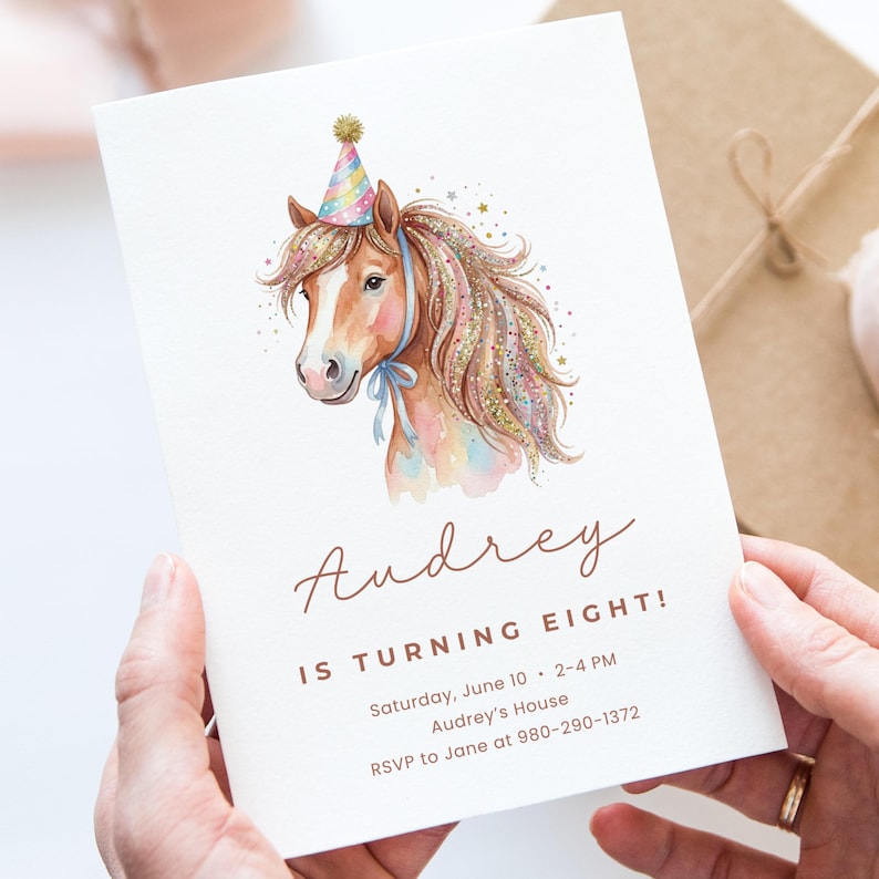Watercolor horse with party hat on a birthday invitation for Audrey.