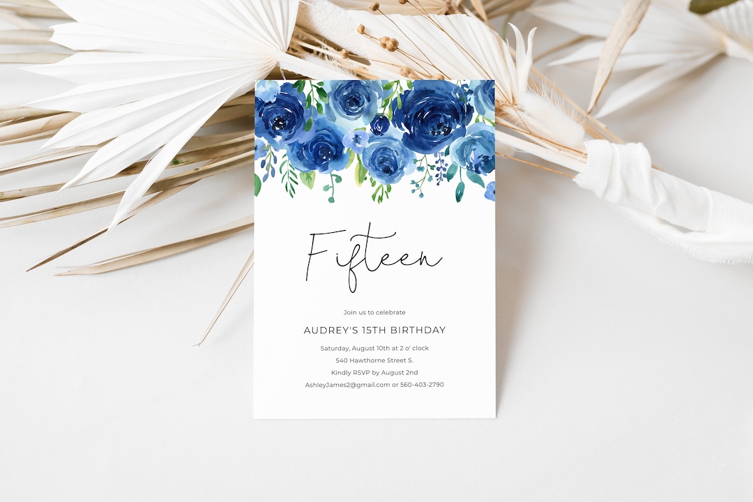 Blue Floral Birthday Invitation Printable Editable Template - Etsy