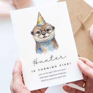 Otter Birthday Canva Invite, Glasses, Party Hat Template, Editable Kids Birthday Invitation, DIY Digital Download