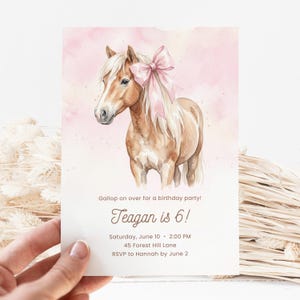 May include: A birthday party invitation featuring a watercolor illustration of a tan horse with a pink bow. The invitation reads "Gallop on over for a birthday party! Teagan is 6!" with event details. The background is a soft pink watercolor wash.
