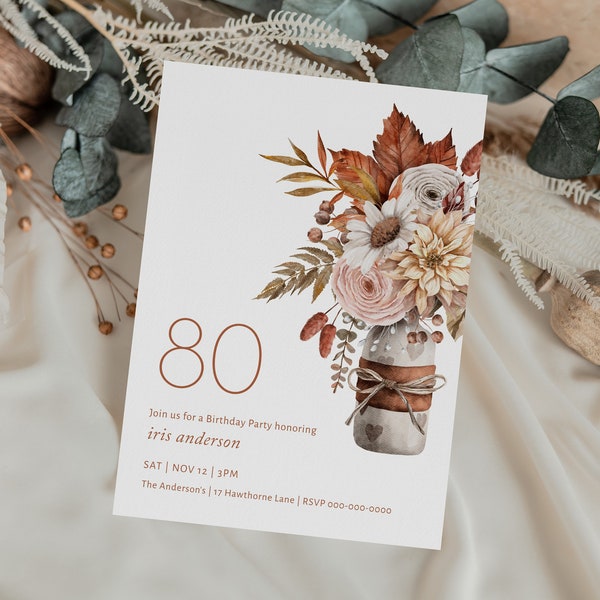 Fall Bouquet Birthday Invitation, Printable Editable Template, Fall Leaves, Autumn Birthday Invite, Floral Invite, 80th Birthday Eighty FB03