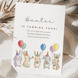 Personalized Bunny Birthday Invitation, Watercolor Rabbits, Kids Party Card, Custom Age and Name