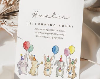 Bunny verjaardag Canva uitnodigingssjabloon, konijnenfeestje uitnodigen, kinderverjaardagsuitnodiging, bewerkbare sjabloon, afdrukbare uitnodiging