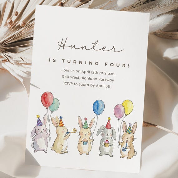 Bunny Birthday Canva Invitation Template, Rabbit Party Invite, Kids Birthday Invite, Editable Template, Printable Invitation