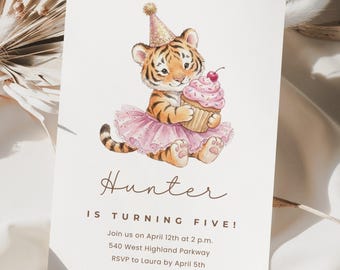 Tiger Birthday Canva Invite Template, Girl Birthday Invite, Editable Canva Invitation, Cupcake Party, Watercolor Tiger