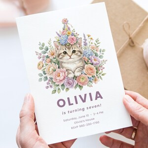 Birthday invitation for Olivia's seventh birthday featuring a kitten with flowers.