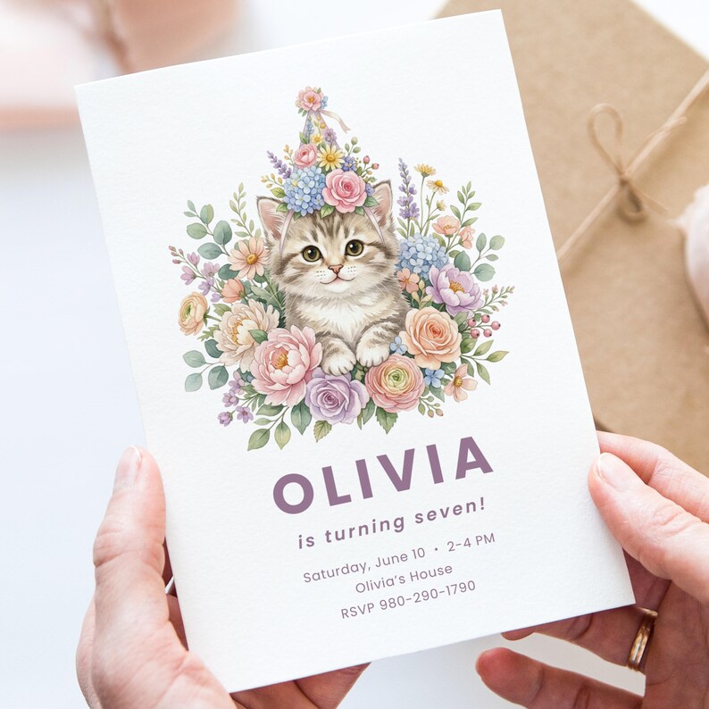 Birthday invitation for Olivia's seventh birthday featuring a kitten with flowers.
