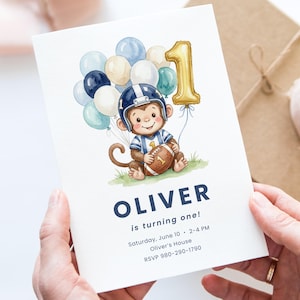 May include: A birthday invitation featuring a watercolor illustration of a monkey wearing a football helmet and holding a football. The invitation includes the text "OLIVER is turning one!" and event details. Balloons and a gold number 1 complete the design.