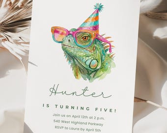 イグアナの誕生日Canva招待状テンプレート、水彩トカゲパーティー、編集可能な爬虫類の誕生日招待状、カラフルな爬虫類のテンプレート