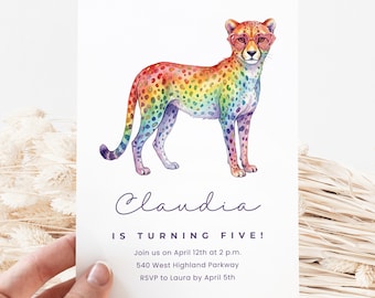 Cheetah verjaardag Canva uitnodigingssjabloon, Rainbow Leopard-feestuitnodiging, feest met wilde dieren, aanpasbare uitnodigingskaart