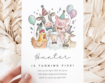 Modèle d'invitation anniversaire animaux de la ferme, invitation à une fête dans la basse-cour, invitation d'anniversaire imprimable aquarelle animaux