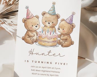 Szablon zaproszenia na urodziny Teddy Bear Canva, akwarelowe zaproszenie na przyjęcie urodzinowe