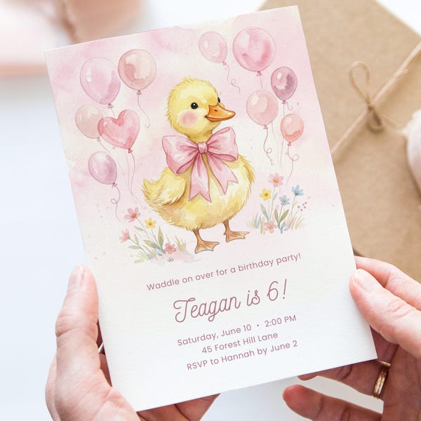 Watercolor Duck Birthday Invitation Canva Template, Editable Pink Duckling Party Invite, Baby Girl 1st Birthday Digital Download, Cute Duck