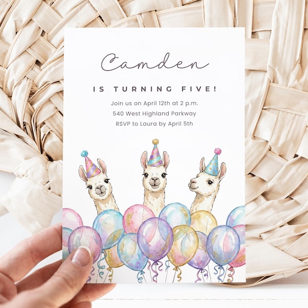 Lama verjaardag Canva uitnodigingssjabloon, aquarel ballonnen feest, bewerkbare sjabloon, digitale download (120)