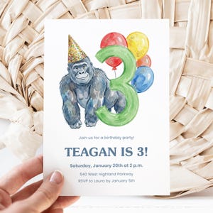 Gorilla 3e verjaardag Canva Invite, Wild Three Party-sjabloon, bewerkbare derde verjaardagsuitnodiging, dier thema verjaardag afdrukbare afbeelding 3