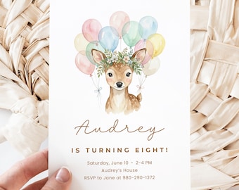 Bewerkbare Canva-uitnodigingssjabloon, Woodland Fawn verjaardagsuitnodiging, pastel herten babyshower uitnodiging, afdrukbare digitale download