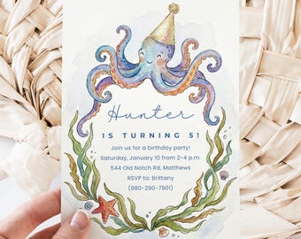 Octopus verjaardag Canva uitnodigingssjabloon, zeedierenfeest, aquarel onder de zee-uitnodiging, bewerkbare uitnodiging