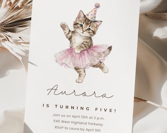 Kitten Birthday Canva Invite Template, Ballerina Cat Party Invite, Cute Animal Birthday Party, Editable Birthday Invite