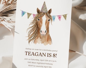 May include: A birthday party invitation with a watercolour illustration of a horse wearing a party hat and a banner. The invitation reads "Gallop on over for a birthday party! TEAGAN IS 8!" with event details.