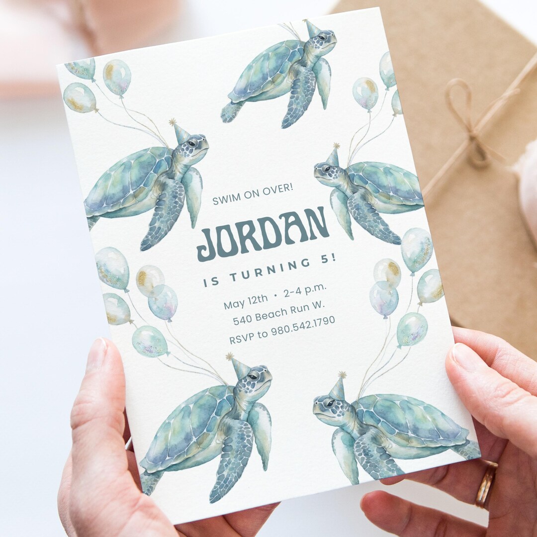 Editable Sea Turtle Birthday Party Invitation Template, Ocean Theme ...