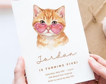 Cute Kitty verjaardagsfeestje Canva uitnodigen sjabloon, bewerkbare kattenliefhebber eerste verjaardagsuitnodiging, aquarel kitten 5e verjaardag digitale download