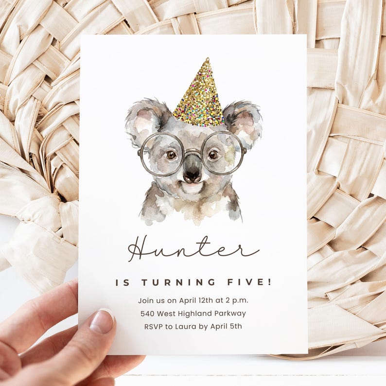 Koala Birthday Canva Invite Template, Animal Party Invite, Watercolor ...