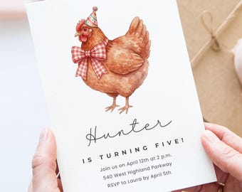May include: A white invitation card featuring a watercolor illustration of a brown chicken wearing a party hat and a red and white checkered bow tie. The text reads "Hunter is turning five!" with event details.