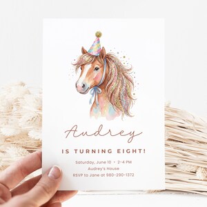 Watercolor horse with party hat, for Audrey's eighth birthday invitation.