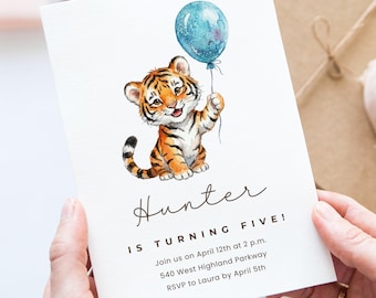 Tiger Birthday Invitation Canva Template, Watercolor Party Invite, Editable Template