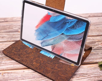 Embossed leather Brown Hand sewn thread Tab S10 FE+ Tab S6 Lite (2024) case Can stand on a table Samsung Galaxy Tab S8 Ultra Cases--0503