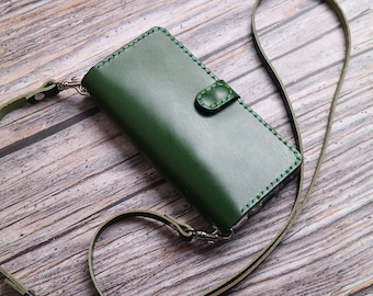 Crossbody strap Folio Flip Leather Cover Case iPhone 16e 15 Pro Max/15 Plus/14 Pro Max/14 Plus wallet leather Full Tooled Wireless Charging