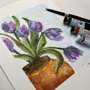 Tulips in Terracotta Pot, Original signed Watercolor, Lovely Periwinkle, Lavender, Purple, Blue & Green image 8