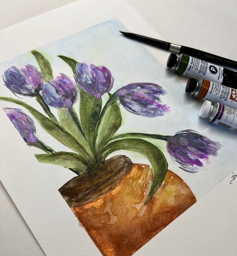 Tulips in Terracotta Pot, Original signed Watercolor, Lovely Periwinkle, Lavender, Purple, Blue & Green image 8