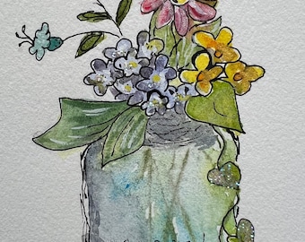 Heart Shaped Leaves, Flowers in Mason Jar, Hand-Painted, Original Watercolor, Iridescent Sparkle