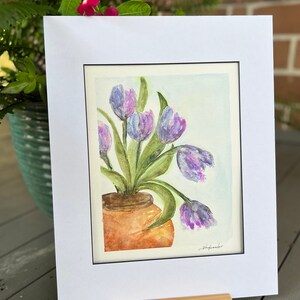 Tulips in Terracotta Pot, Original signed Watercolor, Lovely Periwinkle, Lavender, Purple, Blue & Green With White 11x14 Mat