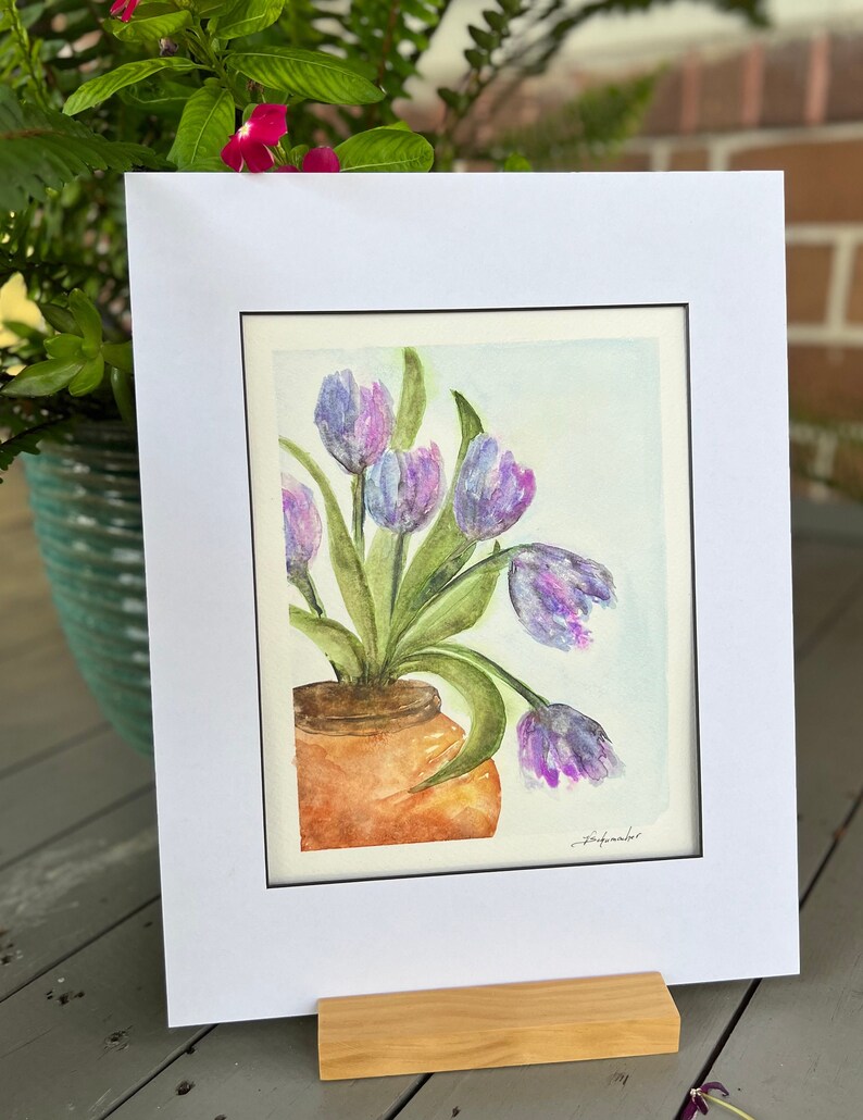 Tulips in Terracotta Pot, Original signed Watercolor, Lovely Periwinkle, Lavender, Purple, Blue & Green With White 11x14 Mat