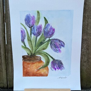 Tulips in Terracotta Pot, Original signed Watercolor, Lovely Periwinkle, Lavender, Purple, Blue & Green image 4