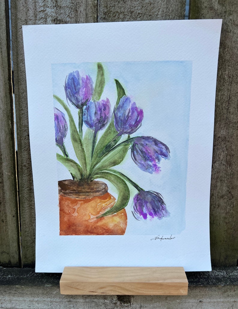 Tulips in Terracotta Pot, Original signed Watercolor, Lovely Periwinkle, Lavender, Purple, Blue & Green image 4