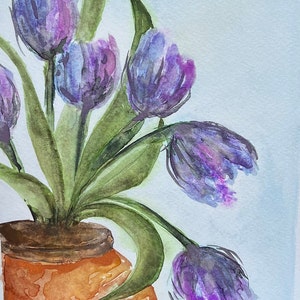 Tulips in Terracotta Pot, Original signed Watercolor, Lovely Periwinkle, Lavender, Purple, Blue & Green image 3