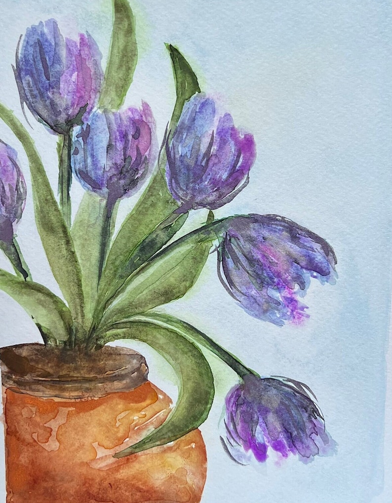 Tulips in Terracotta Pot, Original signed Watercolor, Lovely Periwinkle, Lavender, Purple, Blue & Green image 3