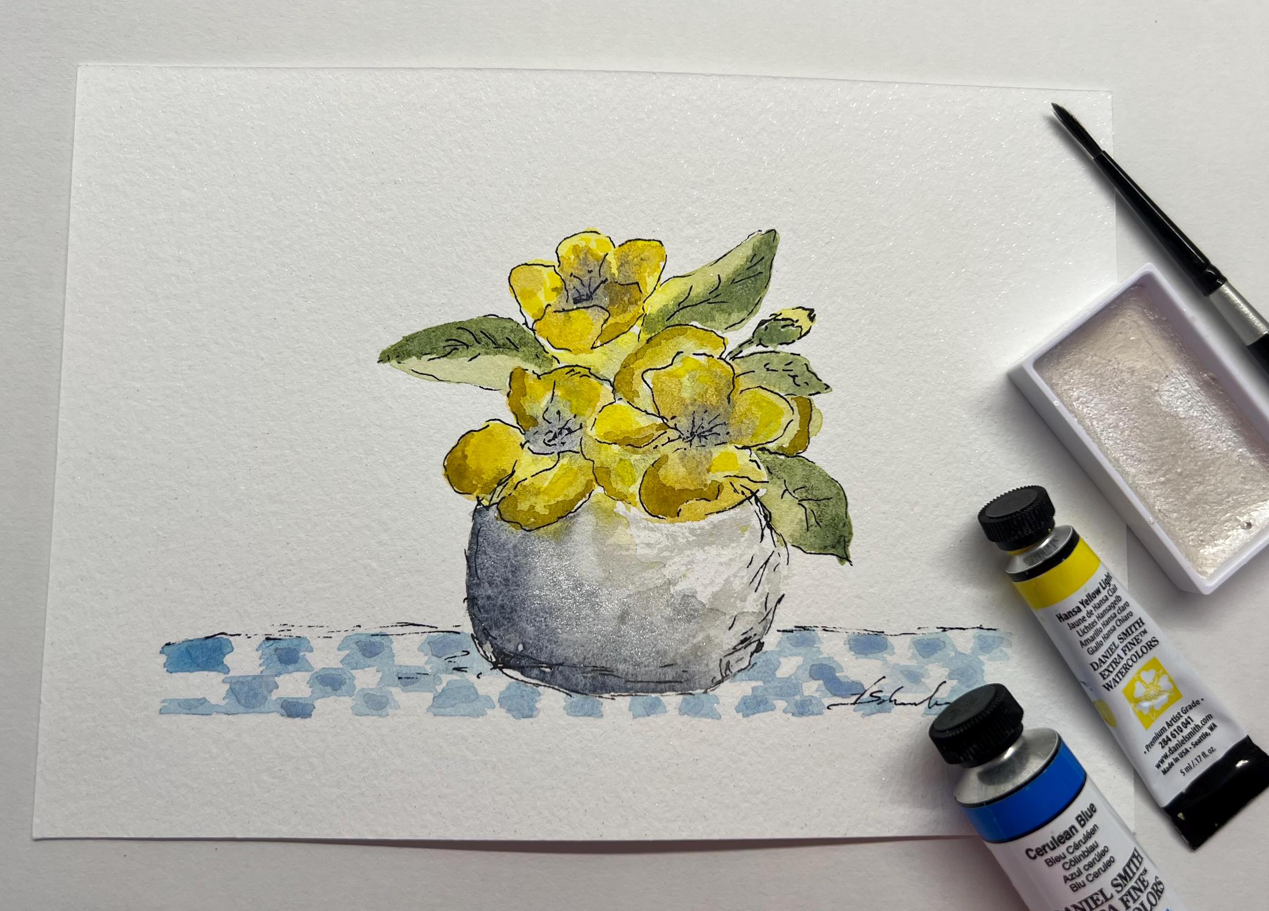 Yellow Flowers in a Pot on a Blue checked Tablecloth, 5x7, Hand Painted Signed Original Art, NOT a Print, 8x10 Mat Available