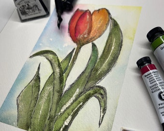 Tulips, Flowers, Handpainted, Original, Signed, Watercolor SET of 2 Available, Bold Colors