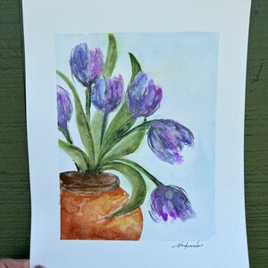 Tulips in Terracotta Pot, Original signed Watercolor, Lovely Periwinkle, Lavender, Purple, Blue & Green image 5