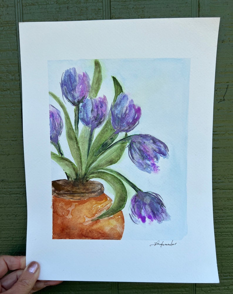 Tulips in Terracotta Pot, Original signed Watercolor, Lovely Periwinkle, Lavender, Purple, Blue & Green image 5